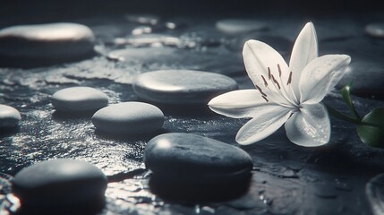 Fototapeta premium White lily flower on grey stones, spa concept.