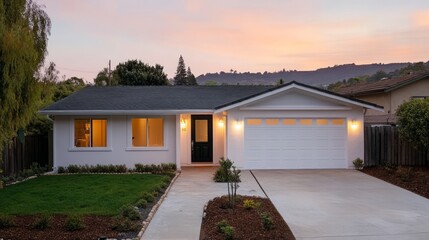 Serene Suburban Home at Dusk with Modern Architecture and Lush Landscaping Highlighted by Vibrant Sunset Sky for Real Estate or Home Improvement Concepts