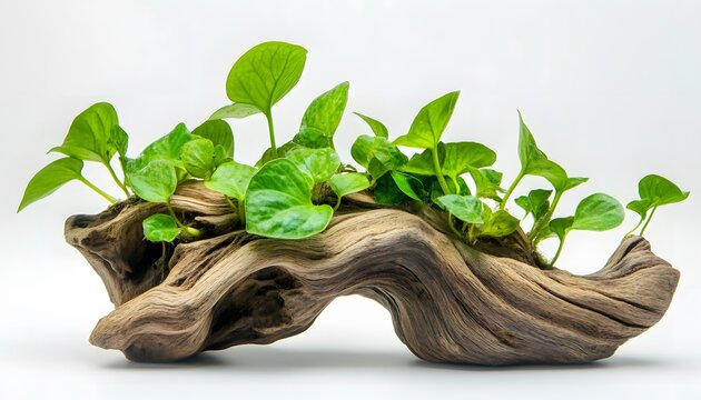 Small green plants growing on a piece of driftwood
