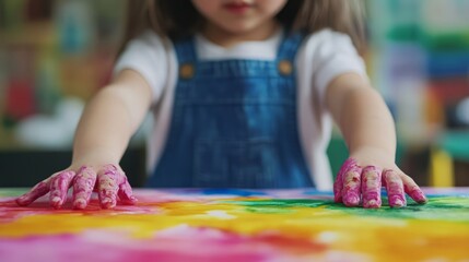 Fototapeta premium Young Child Engaging in Creative Art Activity with Colorful Paint on Canvas, Joyous Expression of Imagination and Playfulness in Bright Studio Environment