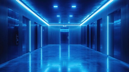 Fototapeta premium Abstract Blue Lit Elevator Hallway