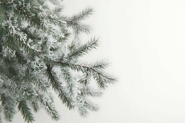 Spruce branches covered with hoarfrost on a white background.