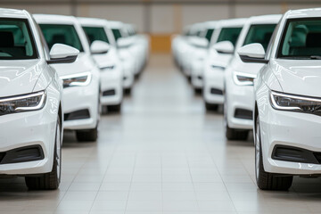 fleet of hybrid vehicles lined up, ready for company operations, clean and modern
