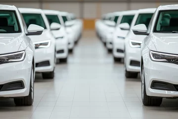 fleet of hybrid vehicles lined up, ready for company operations, clean and modern