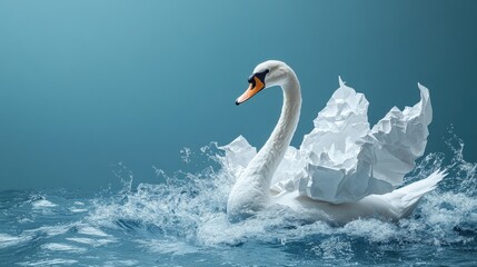 Elegant white swan gracefully swimming through vibrant blue water with paper-like waves in background
