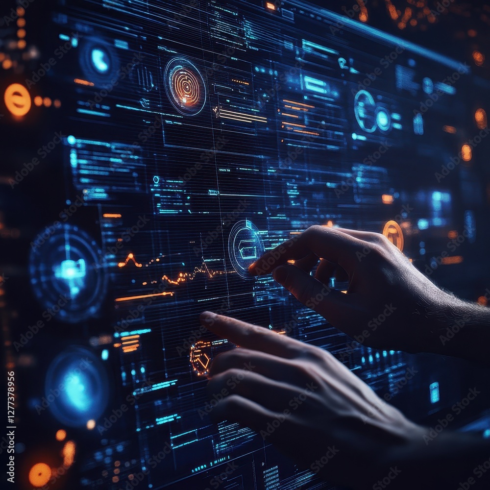 Poster a futuristic interface displaying digital data with hands interacting, showcasing advanced technolog