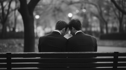 Fototapeta premium Two Grooms Sitting Closely on a Park Bench in Black and White