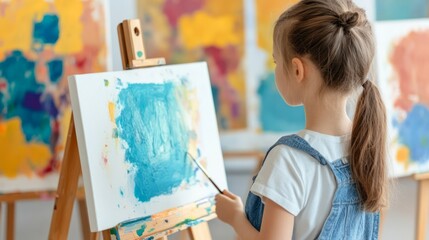 Young Girl Engaged in Painting on Canvas with Colorful Abstract Art in the Background in a Bright and Creative Studio Environment