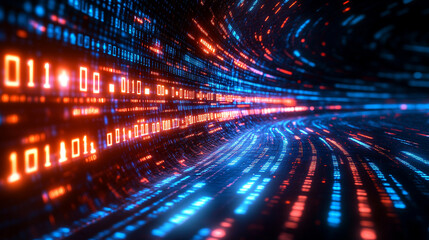 Abstract 3D illustration of 5G technology symbolizing high-speed wireless data transmission. Digital funnel visualizes big data flow in cyberspace with modern bright tones and blurred space