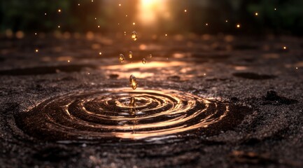 Golden Water Droplets Falling on Dark Sand at Sunset