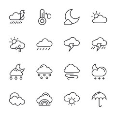 A set of weather icons including rain, clouds, and sun