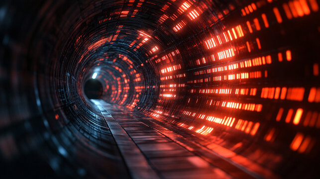 Abstract 3D illustration of 5G technology symbolizing high-speed wireless data transmission. Digital funnel visualizes big data flow in cyberspace with modern bright tones and blurred space