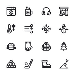 A set of winter icons including a snowman, a tree, a hat, a cup, a snow shovel