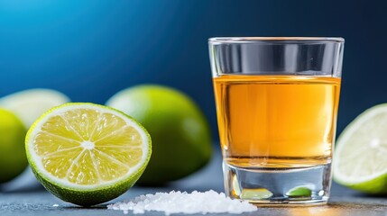 Taste the vibrant essence of tequila with lime and salt on a dark backdrop
