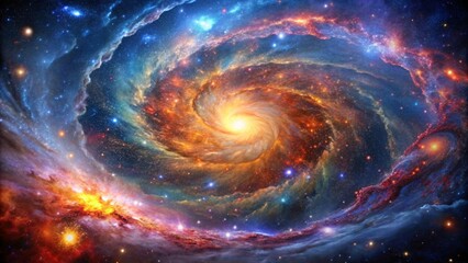 A swirling galaxy with a glowing white and yellow core, surrounded by red, orange, and blue