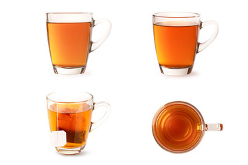 set of hot tea in glass isolated on white background.