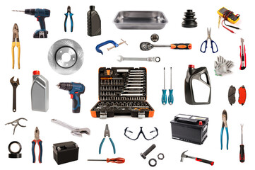 Collection of different industrial tools for repair isolated on white background.