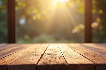 Rustic Wooden Tabletop Outdoors in Sunlight