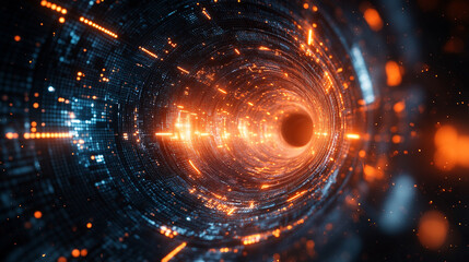 Abstract 3D illustration of 5G technology symbolizing high-speed wireless data transmission. Digital funnel visualizes big data flow in cyberspace with modern bright tones and blurred space