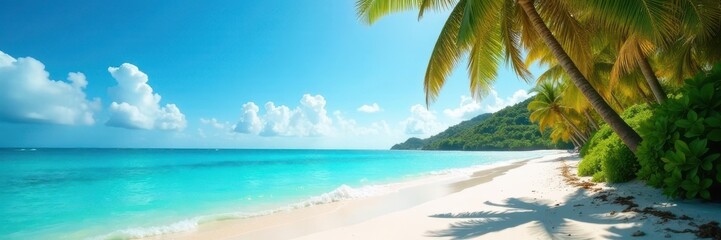 Sun-drenched beach, turquoise water, swaying palms , background, beach