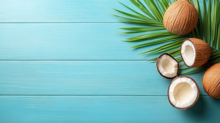 Fresh coconuts on a vibrant blue wooden backdrop with palm leaves