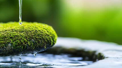 Close up moss stone with dripping water creates sense of serene and refreshing