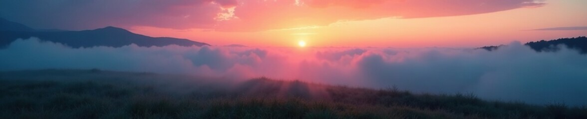 Mysterious fog creeps over the ground at dawn, terrain, cloudy