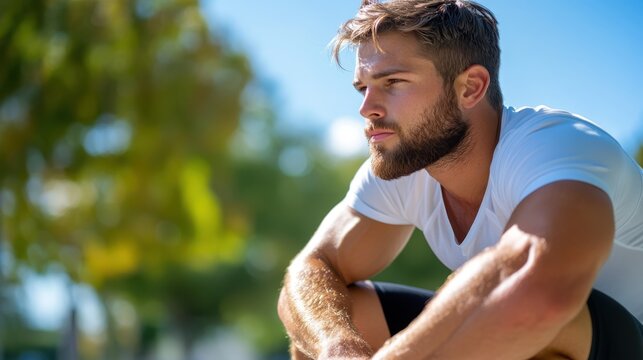 Urban outdoor workout: Young man preparing for squats in a vibrant setting