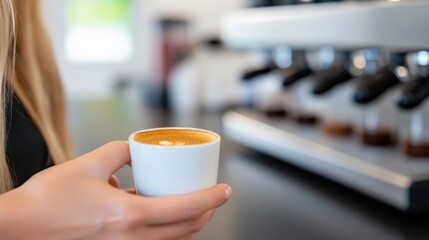 Cup taster girl evaluates gourmet coffee during quality test session