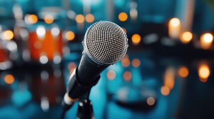 Moments of inspiration in a blurred conference setting with a microphone