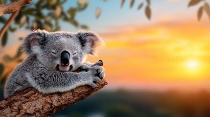 Obraz premium Koala peacefully resting on a branch as the sun sets in the background
