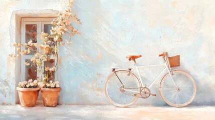 Fototapeta premium Charming bike adorned with flowers, a white decorative bicycle rests against a vibrant wall, beautifully illustrated in watercolor, evoking a sense of tranquility and joy.