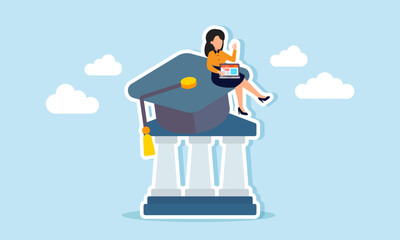 Businesswoman with a laptop sits on a graduation cap placed on a law building, illustration of an employee or entrepreneur with a law degree