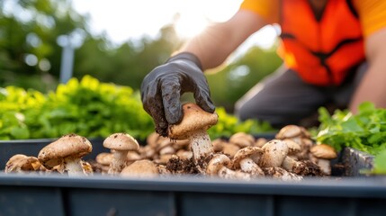 Close-up of wild mushroom harvest in sunlight by dedicated forager