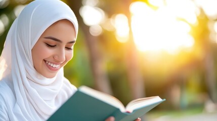 Joyful moments of an Asian muslim woman reading in the sunshine