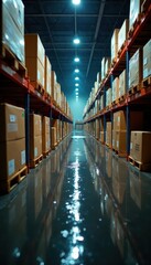 Obraz premium Boxes gleam under warehouse lights, rain-slicked floor, gleam, floor, wet