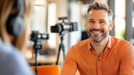 Fototapeta premium Engaging conversation unfolds during journalist's interview with politician