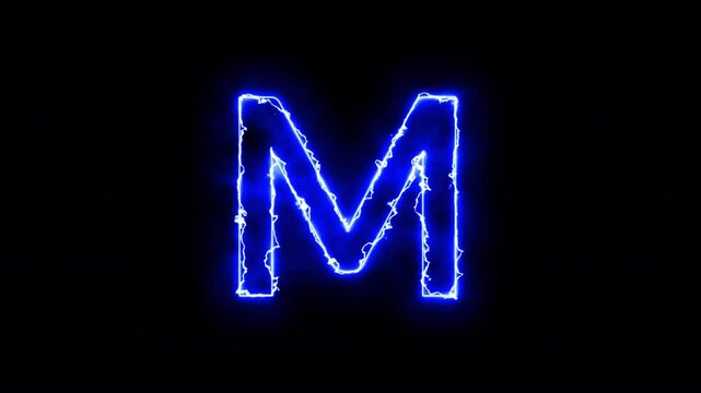 Animated neon letter M, trendy glowing loop neon alphabet letter M, Bright neon glowing light blue letter M, Seamless looping animation on black background.