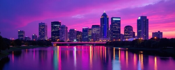 Obraz premium Purple hues paint Orlando's downtown skyline at dusk, light, florida