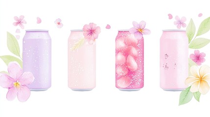 Summer refreshment, vibrant soda cans surrounded by colorful flowers, cheerful scene that captures the essence of warm days and joyful moments in a whimsical watercolor style