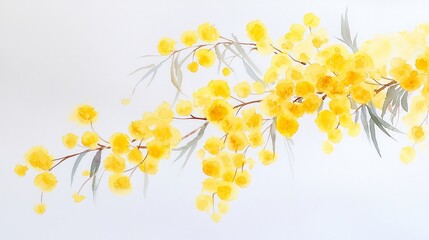 Wattle Blossom Harmony, a vibrant watercolor depiction of a wattle plant, showcasing its delicate yellow flowers and lush green foliage, radiating nature's beauty.