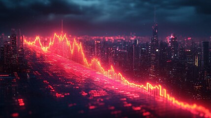Fototapeta premium A digital cityscape with a declining stock market graph overlaying a futuristic skyline at dusk