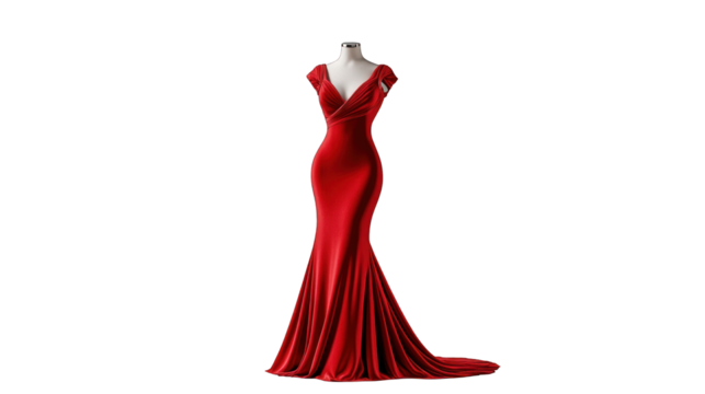 Three red gowns are shown on a white background