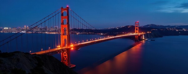 Golden Gate Bridge, city lights, aerial view at night , skyscrapers, night