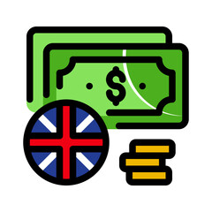London currency with dollar sign and stack of coins, ideal for financial concepts, budgeting, savings, investments, and businessrelated designs.
