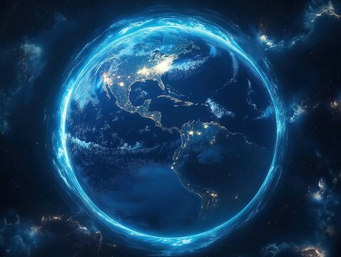Earth with ethereal blue radiation rings pulsating around it in deep space with distant stars and nebula clouds