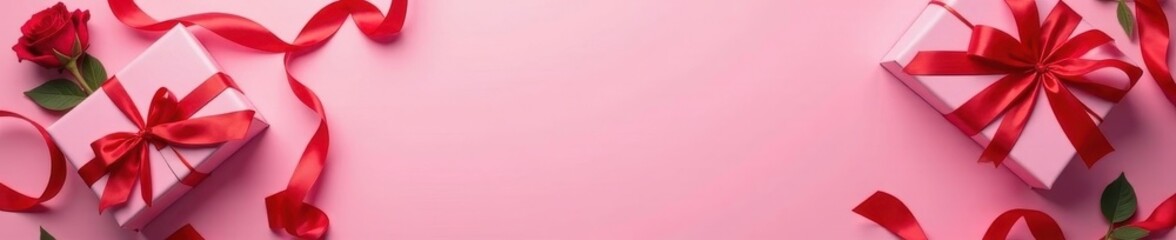 Pink background, red rose ribbons, gift box, top view, present, wedding, template