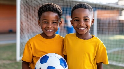 Two young boys share a joyful moment with a soccer ball at a football gate