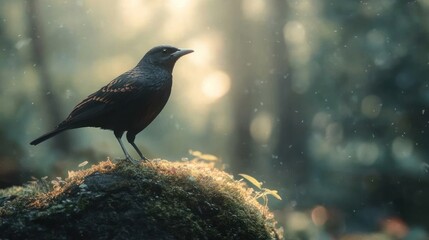 Fototapeta premium A black bird perched on a mossy rock in the forest.