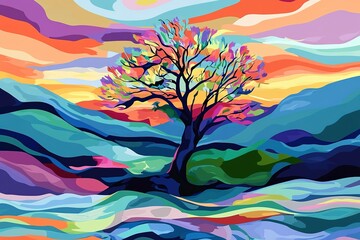 Colorful tree standing against a vibrant stylized landscape a captivating view